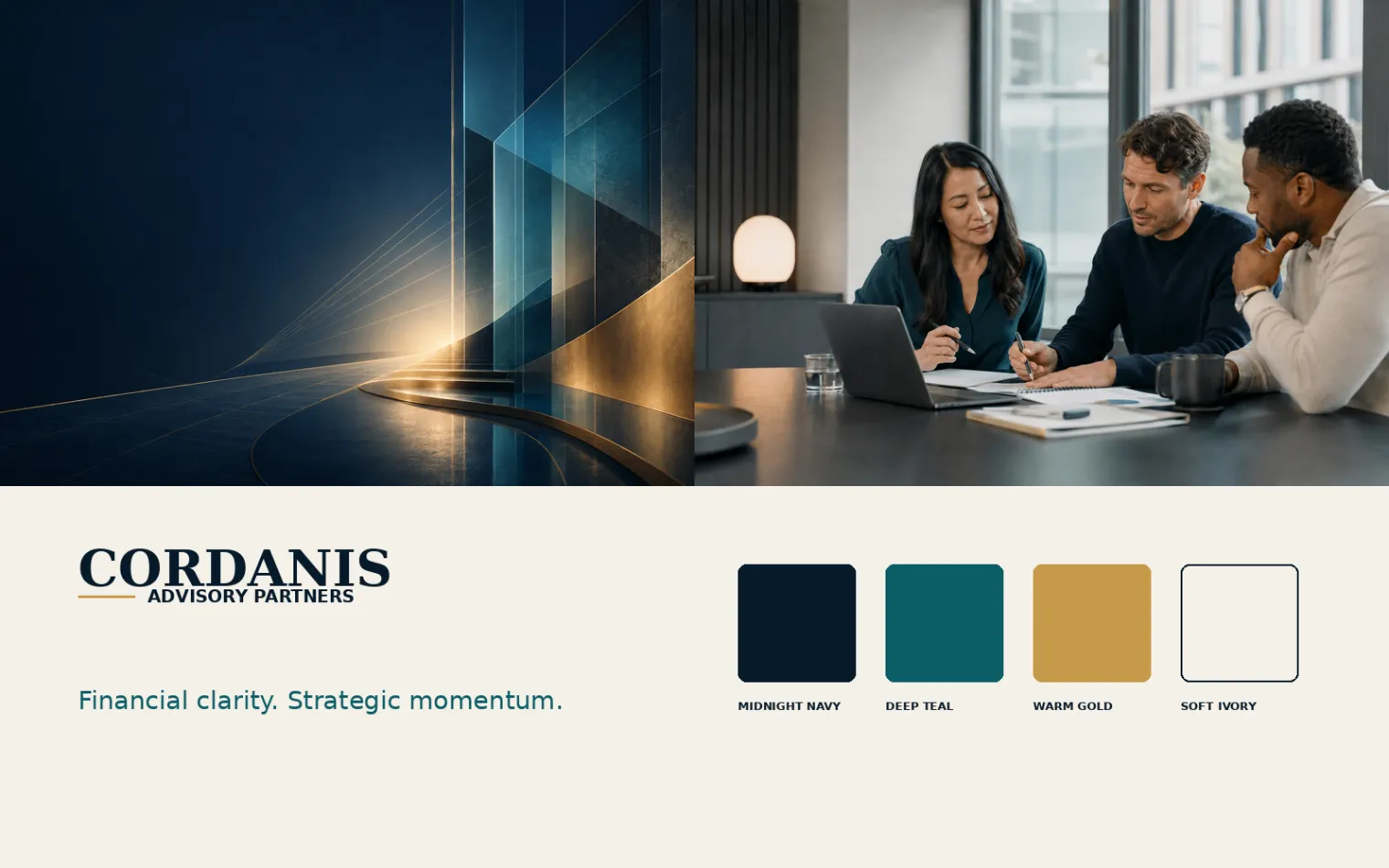 Cordanis Advisory Partners moodboard showing architectural light, an advisory team, the Cordanis identity, and the Midnight Navy, Deep Teal, Warm Gold, and Soft Ivory palette